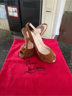 Christian Louboutin Brown Suede Peep-Toe Slingback Heels with Red Sole